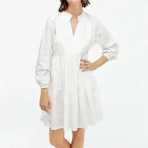 J. Crew 100% Cotton Poplin Tiered Peasant A-Line Boho Mini Dress White Medium